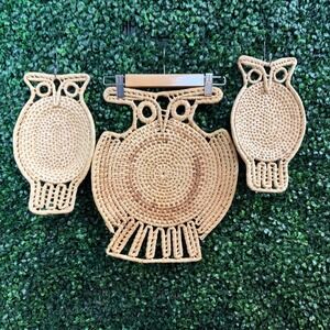 Vintage Woven Rattan Owl Wall Decor Hanging Art Set of 3